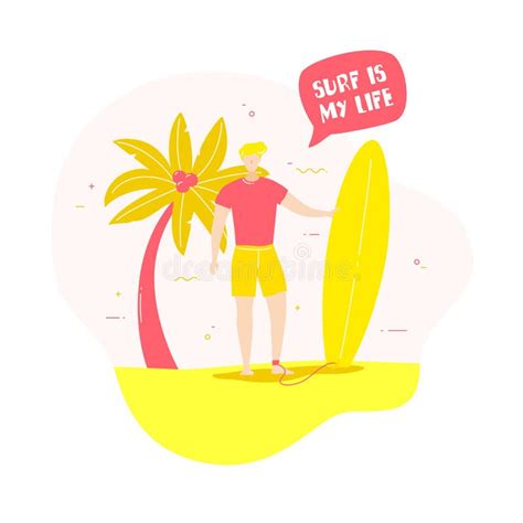 Young Man With Surf Board On The Beach Vector Card Stock Vector