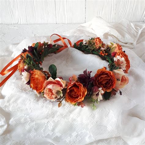 Rust Orange Bridal Flower Crown Burnt Orange Wedding Headpiece Etsy