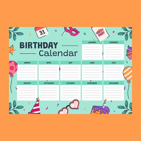 Free Vector Hand Drawn Birthday Calendar Template