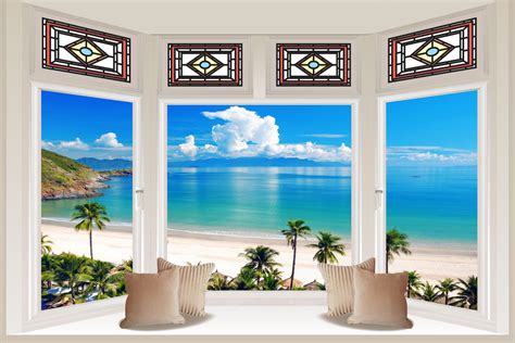 Huge 3d Bay Window Exotic Ocean Beach View Wall Stickers