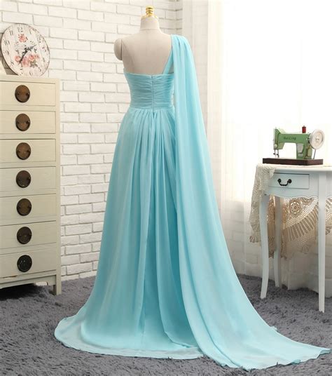 Turquoise Evening Dresses A Line One Shoulder Chiffon Beaded Crystals Long Evening Gown Prom