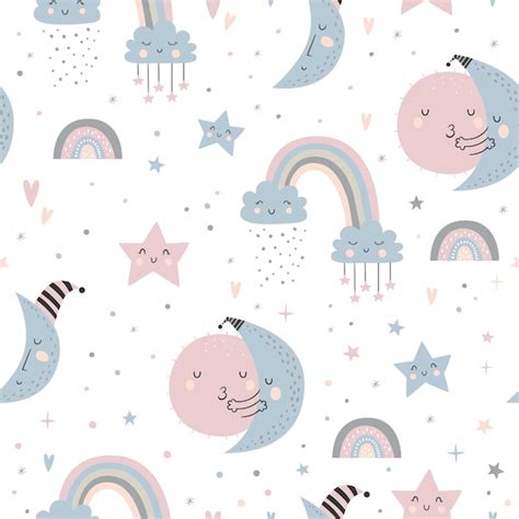 Premium Vector Seamless Childish Pattern With Moons Clouds Rainbows