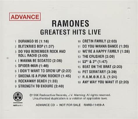 The Ramones Greatest Hits Live Us Promo Cd Album Cdlp 85678