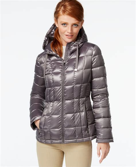Calvin Klein Petite Packable Hooded Puffer Jacket In Gray Shine