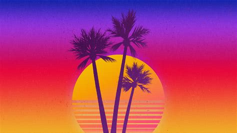 Two Palm Trees In Front Of An Orange And Purple Sunset With The Sun