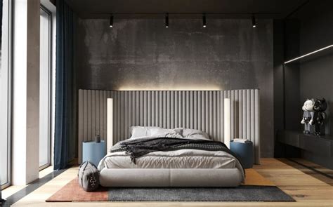Ovviamente, il letto regna sovrano nell'arredamento di questa intima zona della casa. Testata letto in tessuto imbottito, parete grigia, faretti sul soffitto, come de… | Camera da ...
