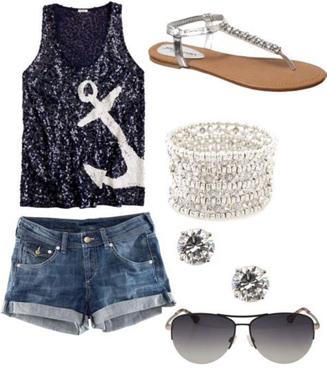 Anchor Top And Denim Shorts With Accessories Polyvore Outfits Summer
