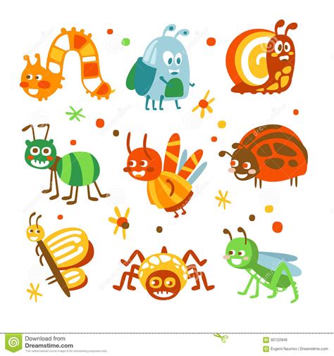 Cartoon Funny Insects And Bugs Set Colorful Collection Of