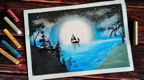 Como Dibujar Y Pintar Un Paisaje De Noche Gran Luna Nocturno Con Oleo