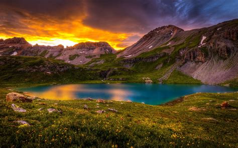 Download Mountain Flower Field Orange Color Cloud Sky Sunset Nature