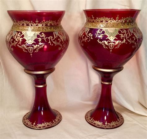 Pair Of Moser Bohemian Enamel Gilded Cranberry Glass Mantelpiece Pedestal Vases Ebay Glass