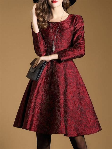 Shop Red Jacquard A Line Dress Online Shein Offers Red Jacquard A Line