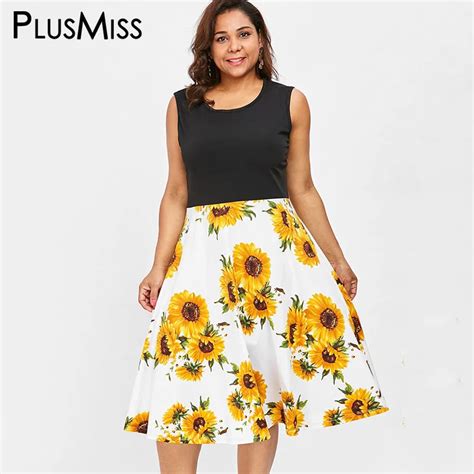 Plusmiss Plus Size 5xl Sleeveless Sunflower Floral Flower Print Tank Dresses Xxxxl Xxxl Xxl