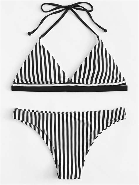 Halterneck Striped Bikini Set Shein Sheinside Bikinis Striped Bikini Bikini Set