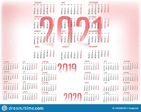 Plantilla Simple Del Calendario Para 2019 2020 Y 2021 La Semana Empieza De Lunes Ilustración