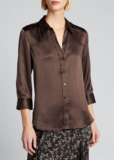 l agence dani silk satin 3 4 sleeve button down blouse in black brown lyst