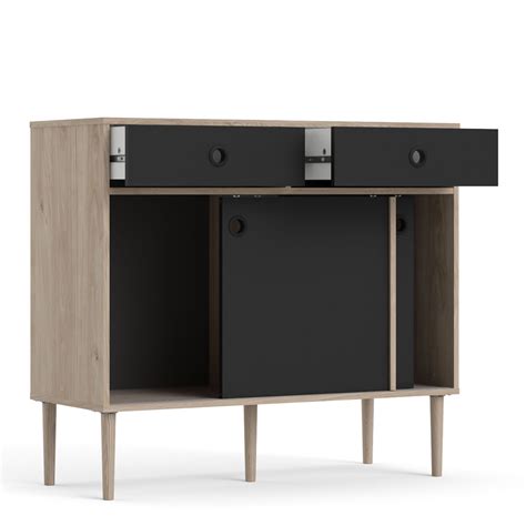 Rome Sideboard 2 Sliding Doors 2 Drawers In Jackson Hickory Oak With Matt Black Belvic Furniture