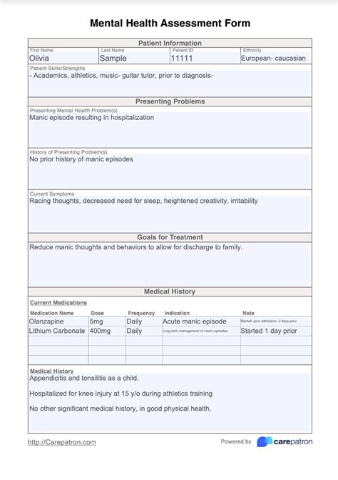 Mental Health Assessment Form Template Free PDF Download