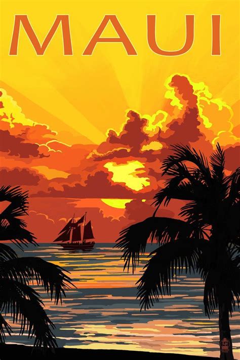 Maui Hawaii Sunset And Ship Lantern Press Artwork Retro Travel