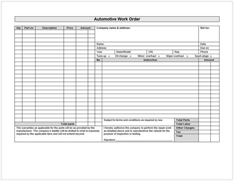 Auto Repair Work Order Template Excel Free ~ Addictionary