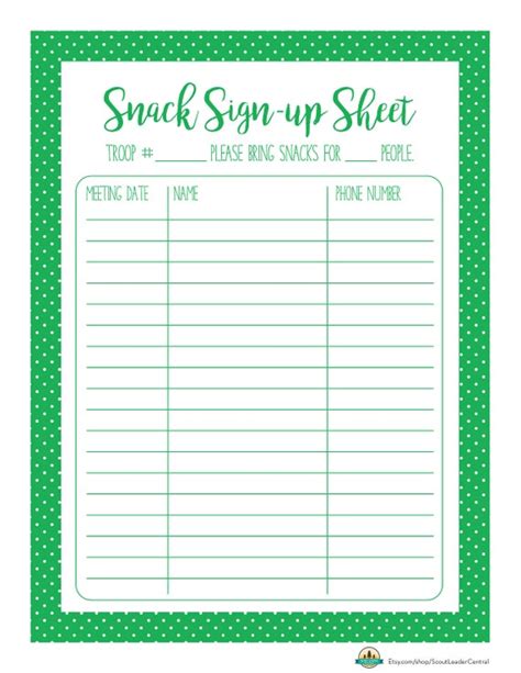 Instant Download Snack Sign Up Sheet In Green Editable Etsy