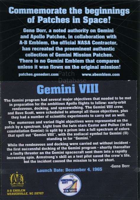 Gemini 8 Space Patch Database