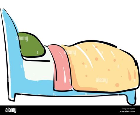 A Blue Bed With Green Pillow With Yellow And Pink Blanket Vector Color Drawing Or