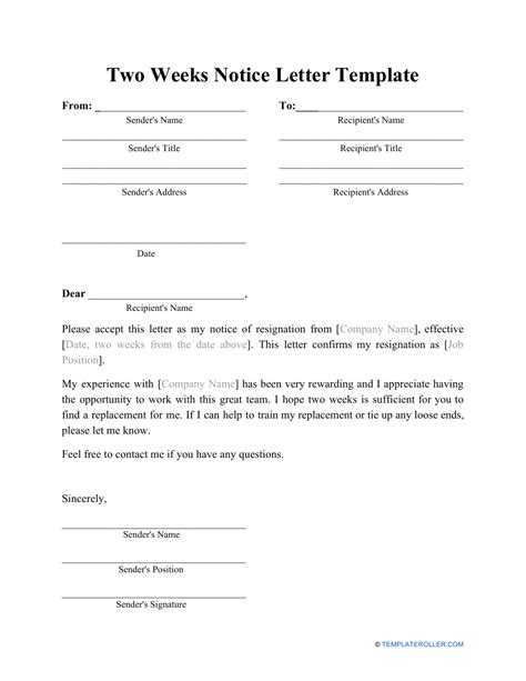 Moreover, the two weeks time period is a standard resignation time frame in many counties and clears the way for a formal departure. Two Weeks Notice Letter Template Download Printable PDF ...