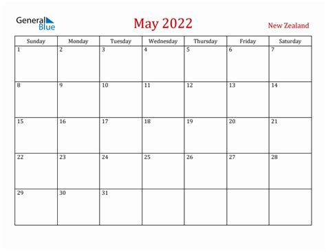 May 2022 Monthly Calendar With New Zealand Holidays