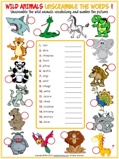 Wild Animals Vocabulary Esl Unscramble The Words Worksheets For Kids