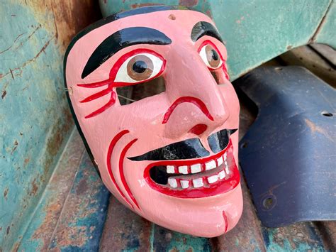 Carved Wooden Mask Wall Hanging Mexican Folk Art Southwestern Bohemian