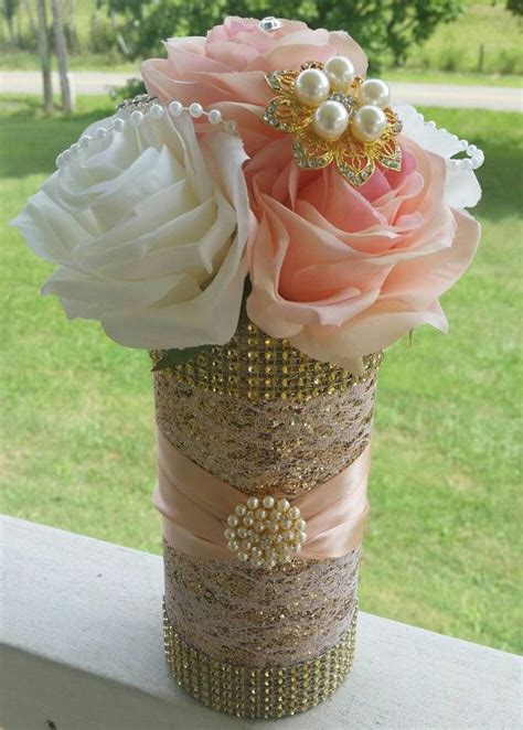 Rose Gold Centerpiece Pink And White Roses With Pearls And Rose Gold