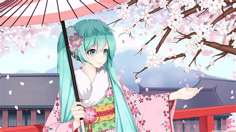 Vocaloid Hatsune Miku Kimono Paraguas Flor De Sakura Pelo