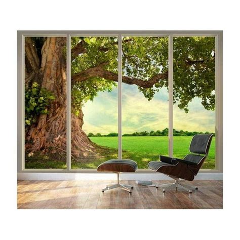 Wall26 Large Wall Mural Old Tree And Meadow Seen Through Sliding