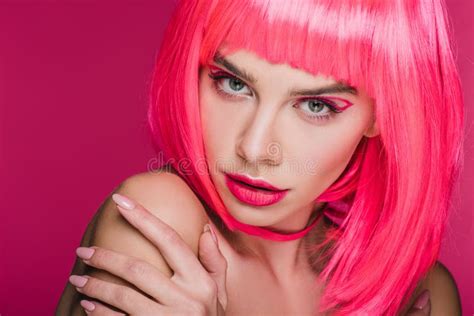 Beautiful Sensual Girl Posing In Neon Pink Wig Isolated Stock Image