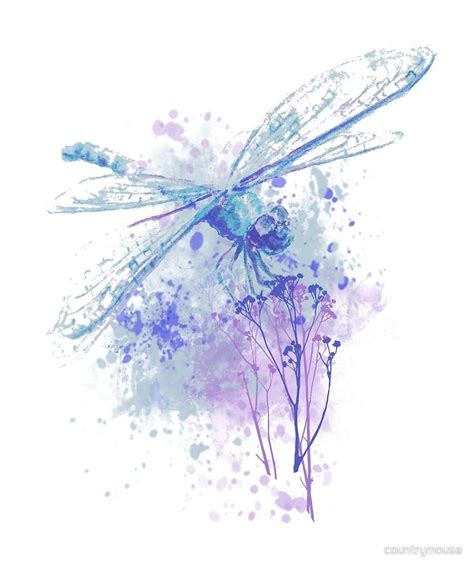 Original Watercolor Dragonfly In Blue Mauve Nature Dragonfly Painting