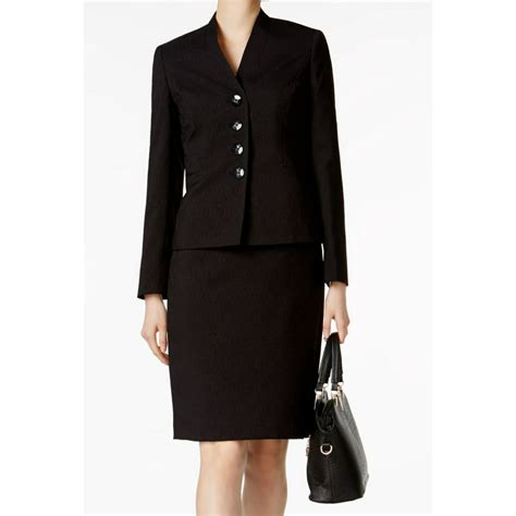 Le Suit New Black Womens Size 14 Stand Collar Four Button Skirt Suit