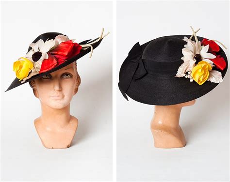 stunning vintage 1940s black wide brim straw tilt hat with etsy