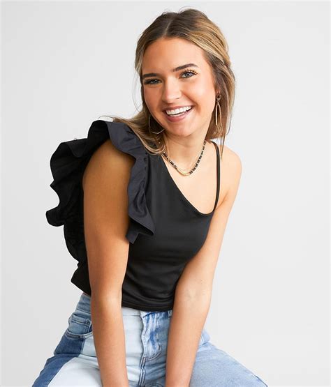 Mittoshop Ruffled One Shoulder Cropped Tank Top Womens Tank Tops In