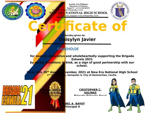 Brigada Eskwela 2021 Certificate Daisylyn Javier Senior High School
