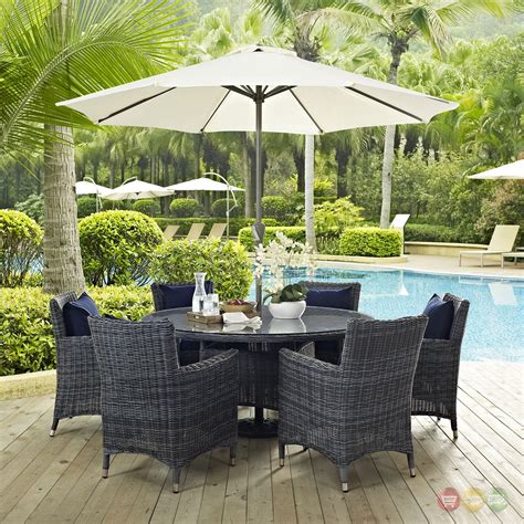 Hideway 8 person round dining table and chair set, fine restaurant dining tables and attached chairs we produce dining room furniture since 1994 item no. Summon Casual 8pc Outdoor Patio Sunbrella Round Dining ...
