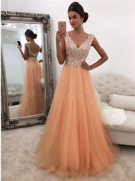 Coral Prom Dress V Neck Prom Dress Sexy Party Dress Crystal Beaded