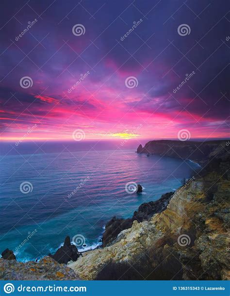 Breathtaking Vertical Panorama Of Sunset Over The Sea Stock Image