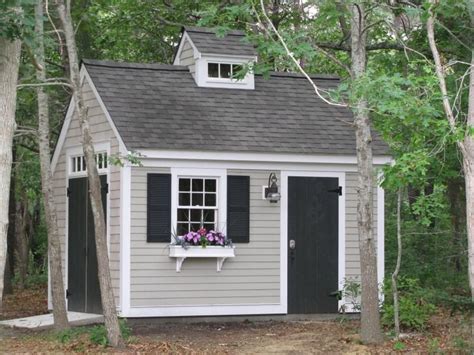 Your shed's color scheme will also help it meld with your exterior décor to create the landscape of your dreams. paint scheme: grey; white trim; black door. | Shed colours