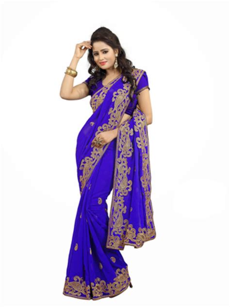 Blue Embroidered Chiffon Saree With Blouse A And V Fashion 364238