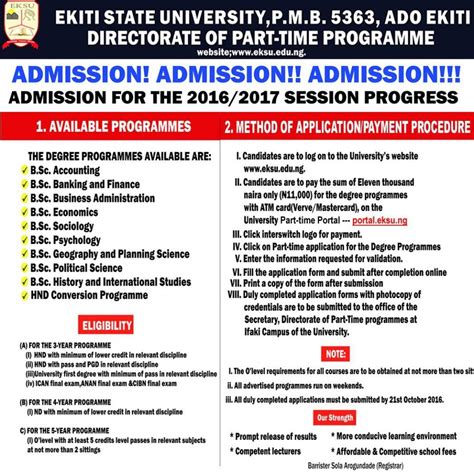 This can be the same with specific faculties or courses. EKSU Part-Time Degree Admission Application Form 2016/2017 ...