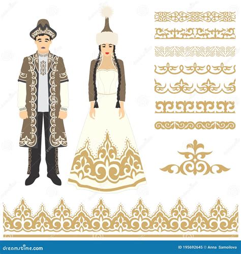 Vector Illustration Beautiful Women`s And Men`s Kazakh National Costume With Additional