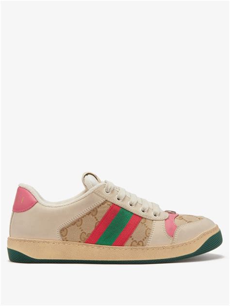 Gucci Gucci Screener Gg Logo Distressed Leather Trainers Neutral