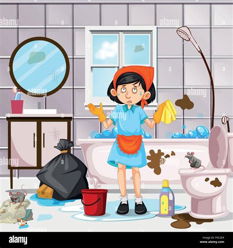 A Maid Cleaning Dirty Bathroom Illustration Stock Vector Image And Art