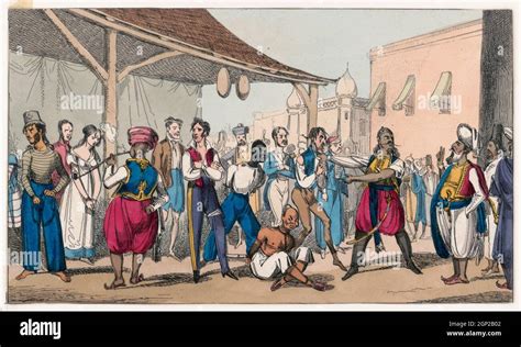 Illustrazione Depoca Circa 1820 Europei E Asiatici Che Sono Venduti In